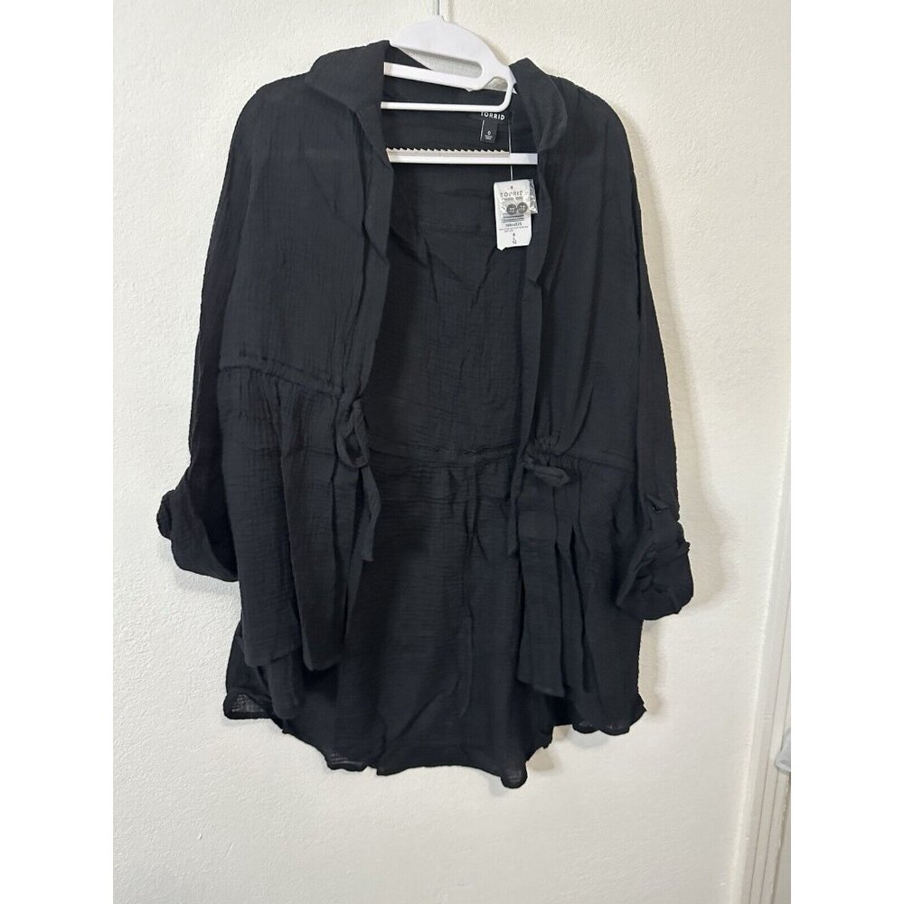 Torrid Black Long Sleeve Gauze Tie Waist Kimono Top Size Large (0)